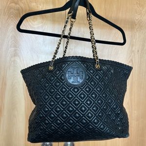 Tory Burch Black Quilted Leather Marion Tote